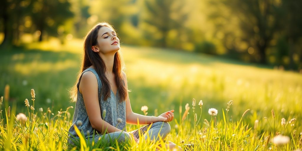 Femme souriante se détendant paisiblement dans un environnement naturel.