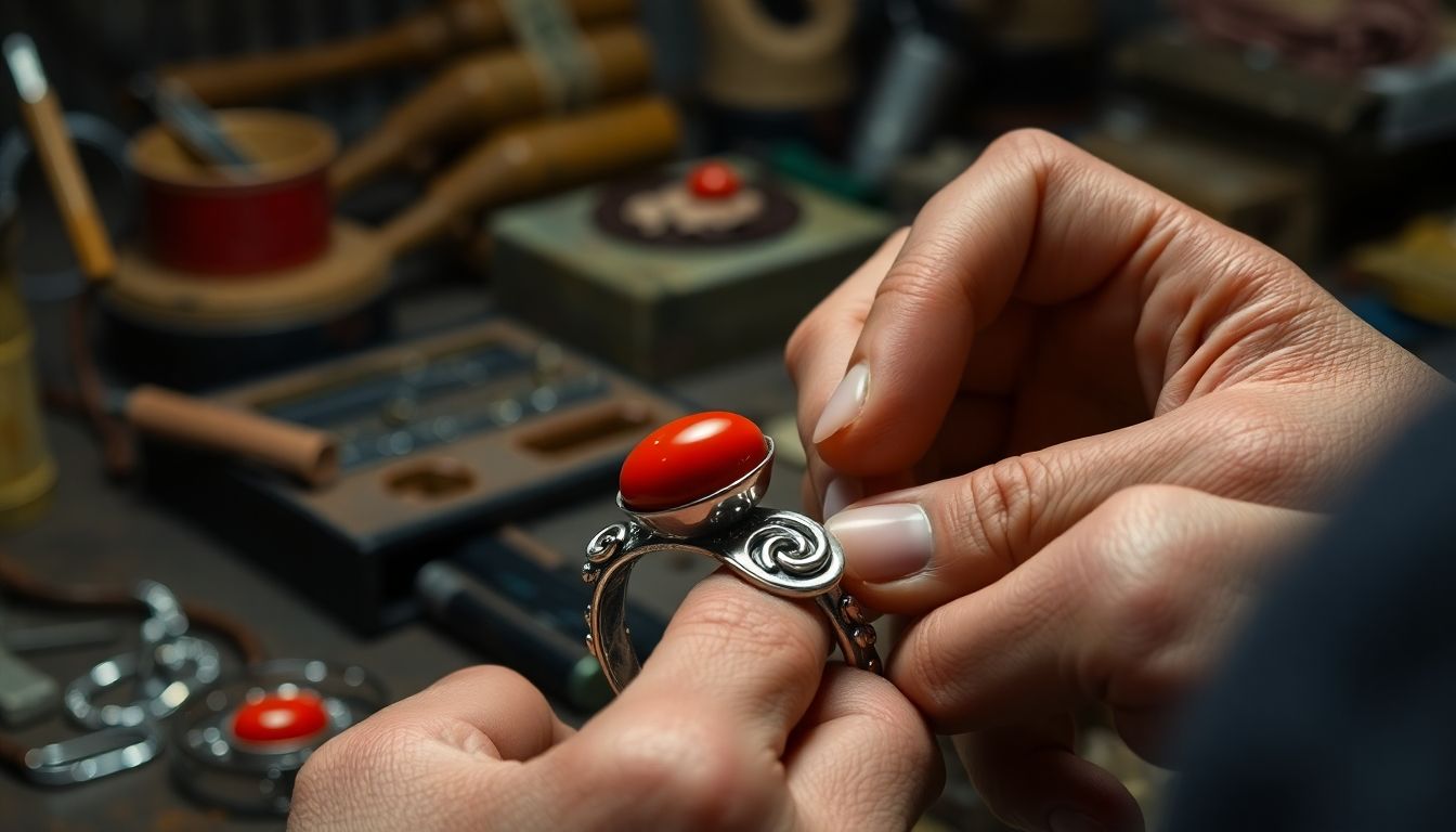 Hands crafting a Corsican silver and coral bracelet.